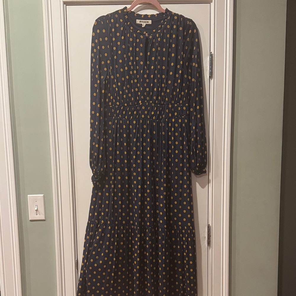 Boden Navy Dress with Gold Polka Dots